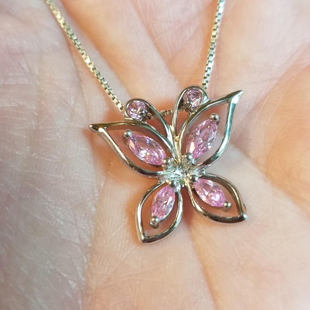 DL Sterling Silver Punk CZ Butterfly Necklace